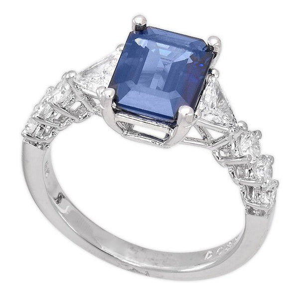 18K White Gold 2.62tcw Emerald Cut Blue Sapphire & Diamond Ladies Ring