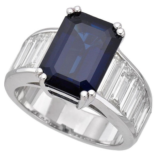 18K White Gold 6.61tcw Emerald Cut Sapphire & Diamond Ladies Ring