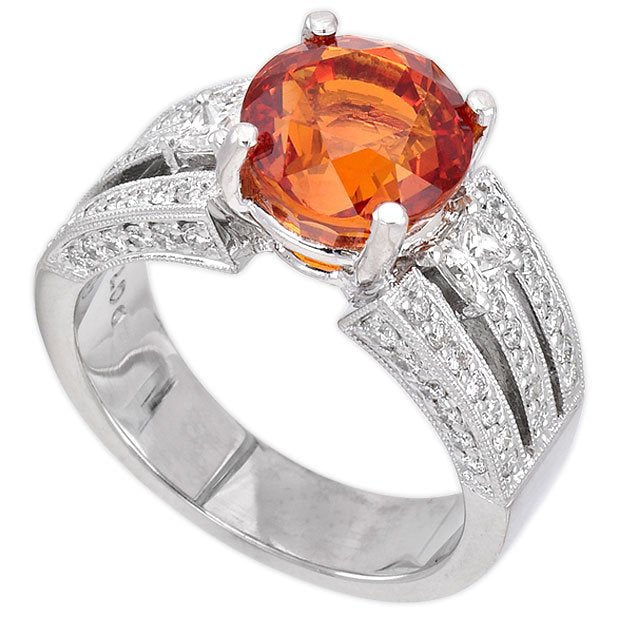 18K White Gold 5.08tcw Round Cut Orange Sapphire & Diamond Ladies Ring