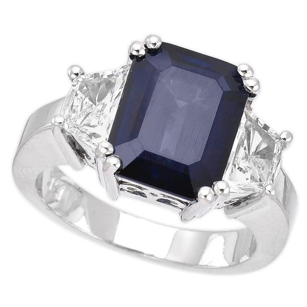 14K White Gold 5.23tcw Emerald Cut Blue Sapphire & Diamond Ladies Ring