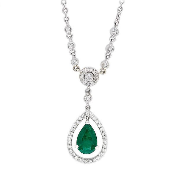 18K White Gold 1.51ct Pear Cut Emerald & 0.55ct Diamond Necklace