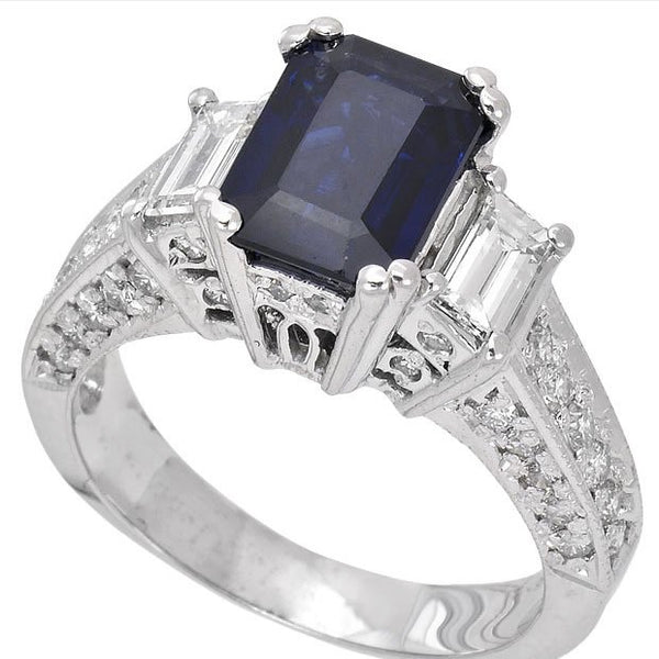 18K White Gold 2.49tcw Emerald Cut Blue Sapphire & Diamond Ladies Ring