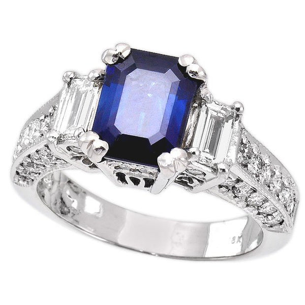 18K White Gold 2.14tcw Emerald Cut Blue Sapphire & Diamond Ladies Ring