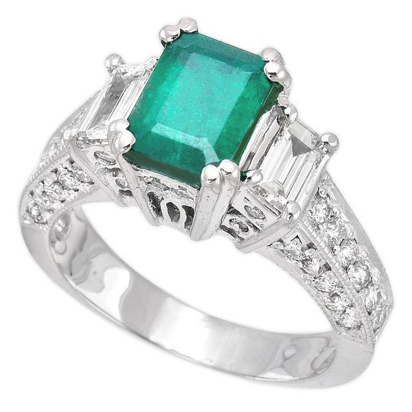 18K White Gold 1.71tcw Emerald Cut Emerald & Diamond Ladies Ring