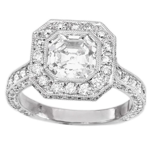 18K White Gold 3.34TCW Ascher Cut Diamond Engagement Ring